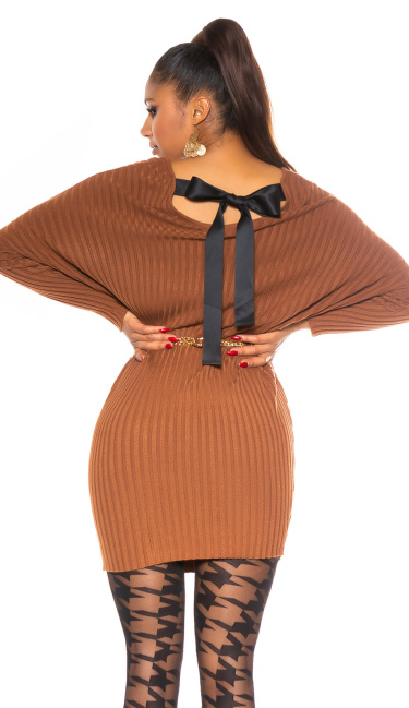 Sexy oversized gebreide jurk met lint om vast te binden bruin